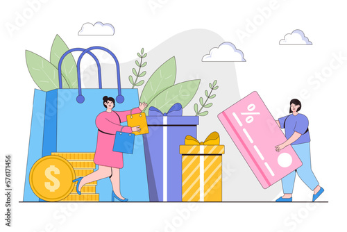 Rewards and loyalty program concept with people characters. Online shopping promotion offers for regular customers. Outline design style minimal vector illustration for landing page