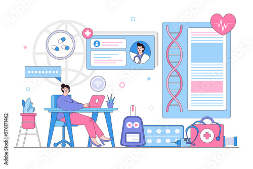 Online medical consultation concept with people characters. Outline design style minimal vector illustration for landing page, web banner, infographics, hero images
