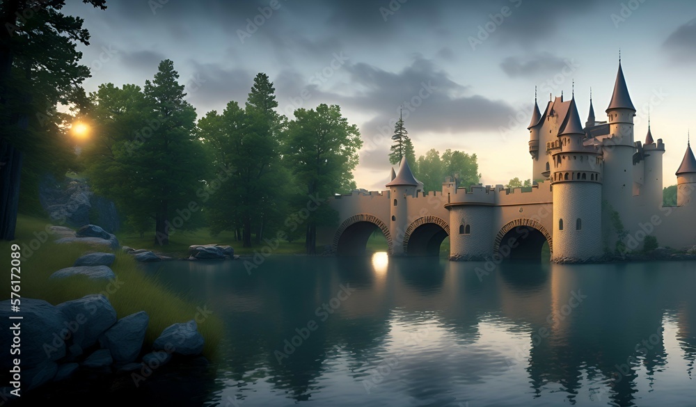 Medieval castle with lake and reflections in the water, AI generated