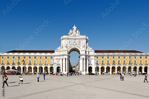 Triumphal arch at Rua Augusta from Commerce Square in Lisbon, Portugal, built to commemorate the city's reconstruction after the 1755 earthquake.
