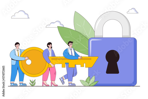Business solution teamwork concept. Business team colleagues unlock padlock with key. Symbol of cooperation, problem solution, new opportunities