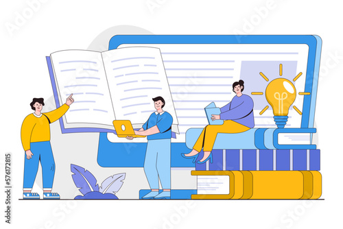 E-books library concept with people characters. Technology and literature, digital culture on media library. Outline design style minimal vector illustration for landing page, web banner, hero images