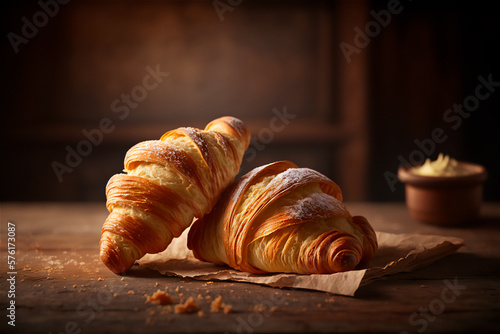 Delicious homemade croissants on rustic wooden kitchen table. AI generated