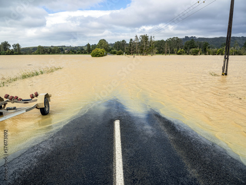 Fotografie Flooded rural road during cyclone Gabrielle.