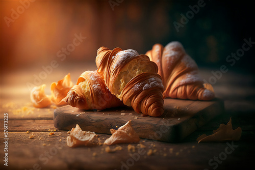 Delicious homemade croissants on rustic wooden kitchen table. AI generated