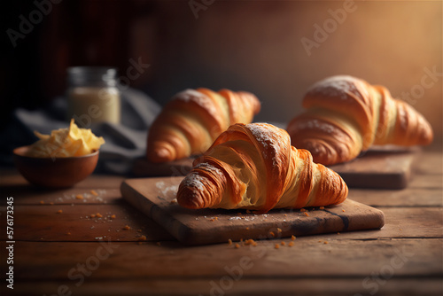 Delicious homemade croissants on rustic wooden kitchen table. AI generated