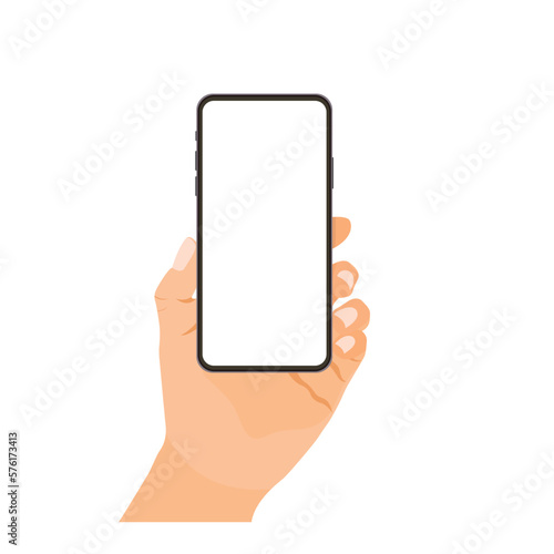 Vector illustration of phone mockup  hand holding smartphone  empty screen  application on touch screen device for digital resources isolated on white background 
