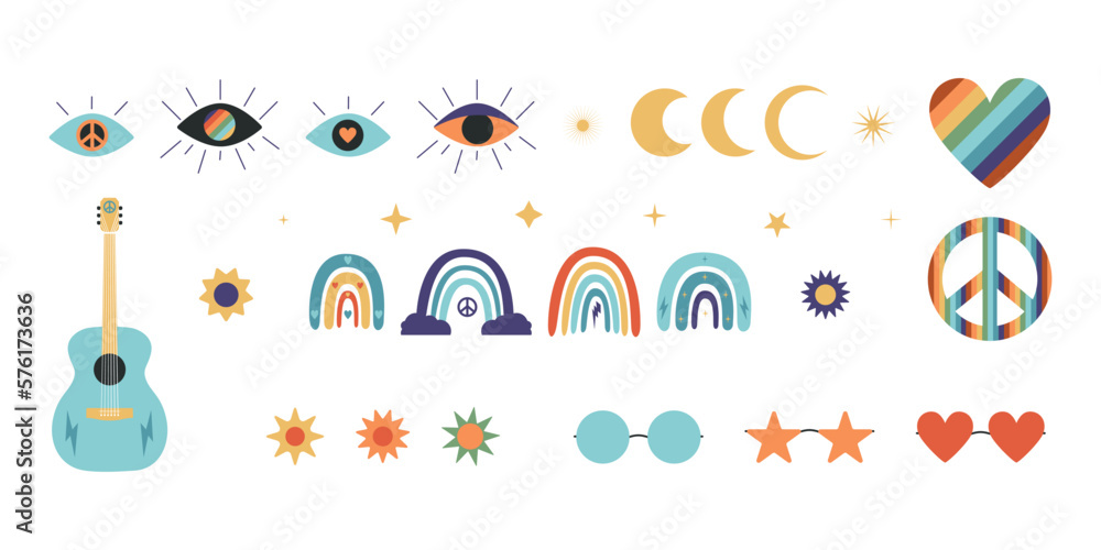 Flat vector hippy boho illustration. Hand drawn retro groovy elements