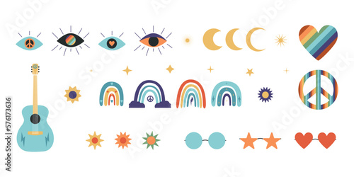 Flat vector hippy boho illustration. Hand drawn retro groovy elements