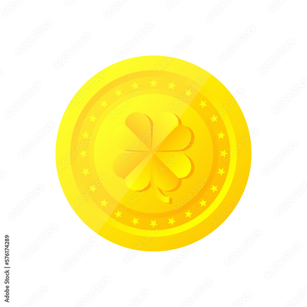 Golden coin with clover. Leprechaun coin. Saint Patricks Day golden coin. Coin icon. Cash money. Vector illustration. Golden coin with clover. Leprechaun coin. Saint Patricks Day golden coin. Coin icon. Cash money. Vector illustration.