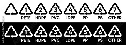 Recycling plastic, paper, glass and metal sign collection. Packing icons. Recycling icons and composition isolated on white background. Vector illustration.