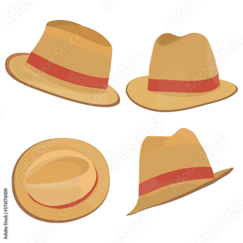 Vector illustration set of man and woman hats. Stylish male and female headwear. Elegant panama and straw hat. Fashion theme for digital resources.