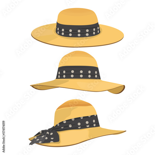 Vector illustration set of man and woman hats. Stylish male and female headwear. Elegant panama and straw hat. Fashion theme for digital resources.