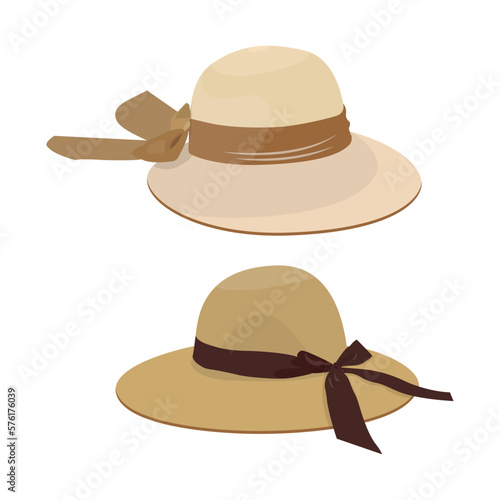 Vector illustration set of man and woman hats. Stylish male and female headwear. Elegant panama and straw hat. Fashion theme for digital resources.