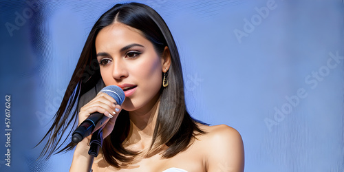 beautiful latin woman speaking or singing with a microphone in her hand on a blue background