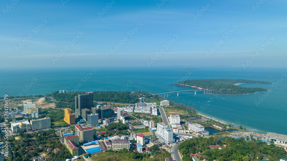 aerial view of Sihanoukville sea, beach and city