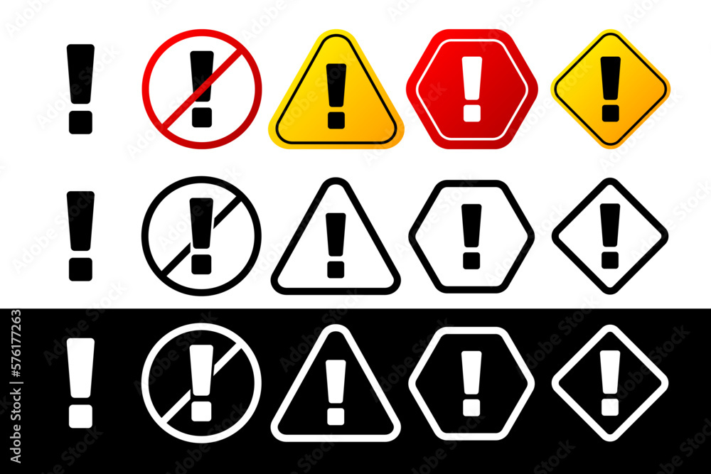 Collection of Alert signs in different color and design. Danger sign, warning sign, attention sign. Attention icon warning of danger. Vector illustration.