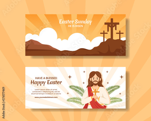 Happy Easter Sunday Day Horizontal Banner Flat Cartoon Hand Drawn Templates Background Illustration