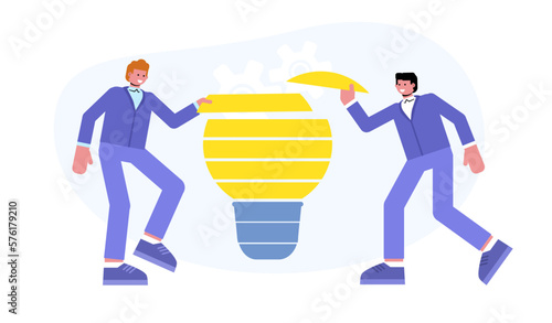 Modern vector illustration of two people combining light bulb shaped puzzle. Teamwork, partnership, creativity concept