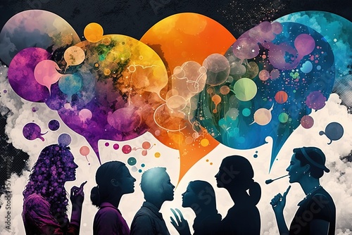 Generative AI a multiverse of speech, a fantasy world where everyone can talk, with a lot of poetry, colorful, diverse avatars interacting with each other.