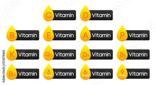 Vitamin badges set. Gelatin and Vitamin complex collection. The concept of a healthy lifestyle, nutrition. Vector illustration.