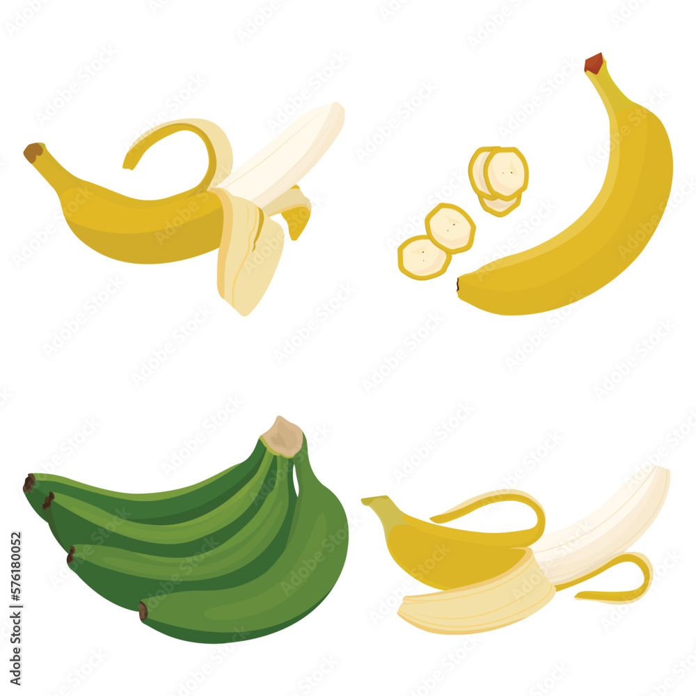 Vector illustration of cartoon half peeled banana and bunch of bananas. Tropical fruits, banana ripe, unripe, raw green or vegetarian nutrition. Vegan food cartoon style. Healthy food concept.