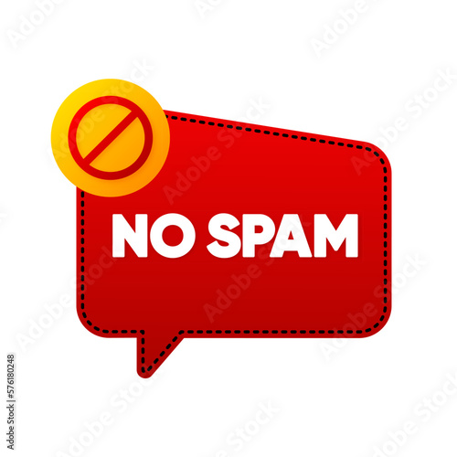 No Spam. Red badge. Label of no spam on email isolated on white. Flat badge. Email concept. Banner with text No Spam. Vector illustration.