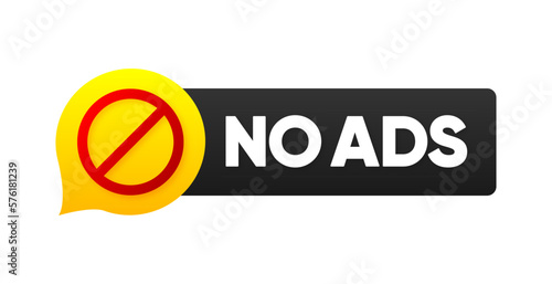 No ADS. Red badge. Label for promotion isolated on white. Flat badge. Internet advertisement. Banner with text No ADS. Vector illustration.