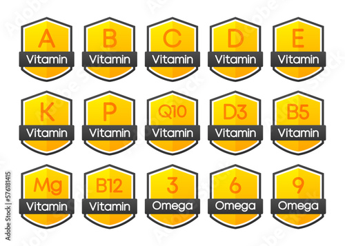 Vitamin shields set. Gelatin and Vitamin complex collection. The concept of a healthy lifestyle, nutrition. Vector illustration.