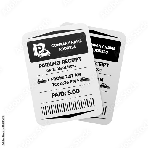Two Parking Receipt. Check from parking meter. Price for car stay or entrance and exit ticket from vehicle stand. Parking zone. concept. Vector illustration.