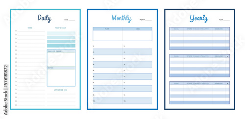 (Ocean) 3 set of Daily, Weekly, Monthly Planner template. Make your day more easily and happy. Vector template. 