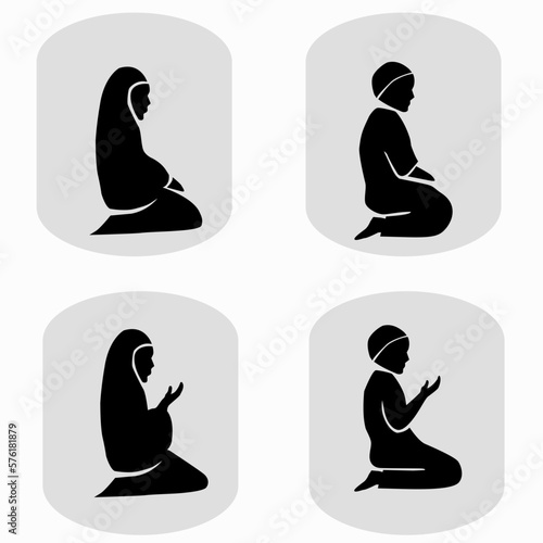 Muslim men and women praying sign symbol logo icon. Silhouette icon set includes 4 versions of islamic prayer in different poses. Vector illustration.