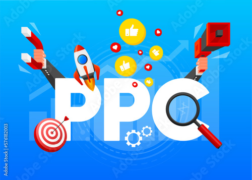 Pay Per Click concept. Paying clicking on an advertisement button. PPC business, Cpc advertising technology, sponsored listing. Marketing strategy for business promotion. Vector illustration.