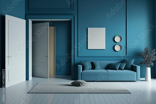 Modern and Minimalist blue Living Room Interior - Spacious, Sleek and Serene with Natural Light and Open Concept Design, Home Decor and Inspiration generative ai 
