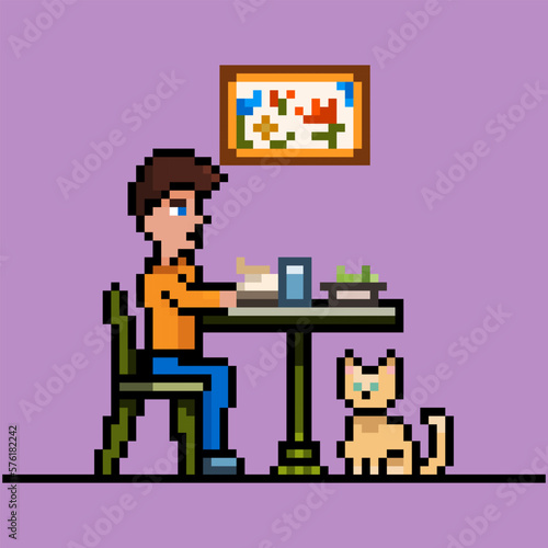 Pixel art of a man eating alone an home with cat