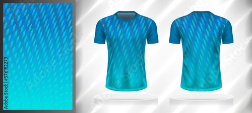 Vector sport pattern design template for V-neck T-shirt front and back with short sleeve view mockup. Shades of blue color gradient abstract halftone geometric texture background illustration.