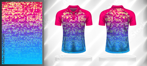 Vector sport pattern design template for Polo T-shirt front and back with short sleeve view mockup. Shades of pink-blue-purple-yellow color gradient abstract grunge texture background illustration.