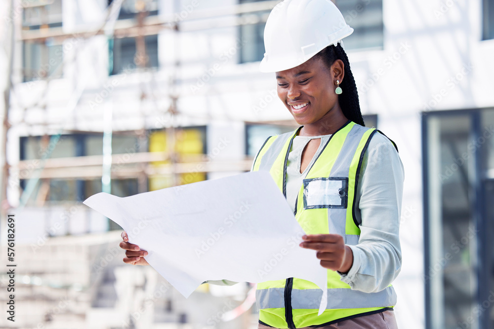 Architect, black woman and blueprint for building at a construction site, happy and positive mindset. Building, project manager and lady worker with paper, plan and idea for innovation or renovation Architect, black woman and blueprint for building at a construction site, happy and positive mindset. Building, project manager and lady worker with paper, plan and idea for innovation or renovation