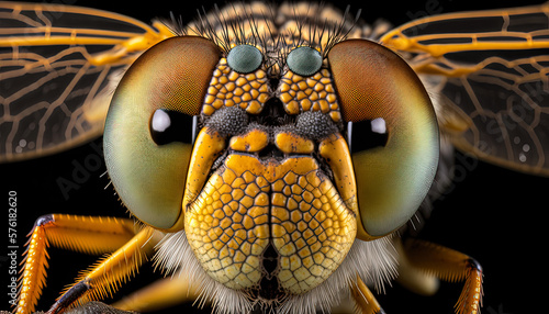 Close up of a dragonfly face. Insect macro photography created with Generative AI