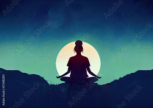 Murais de parede Hand-drawn digital illustration of a woman doing yoga meditation, a calm healing atmosphere, can be used for banner backgrounds, or healthy sports marketing campaign
