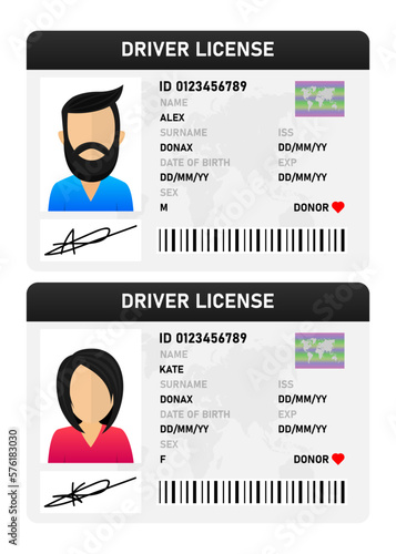 Drivers license of a woman and a man. Flat design template for vehicle driving license. Vector illustration.