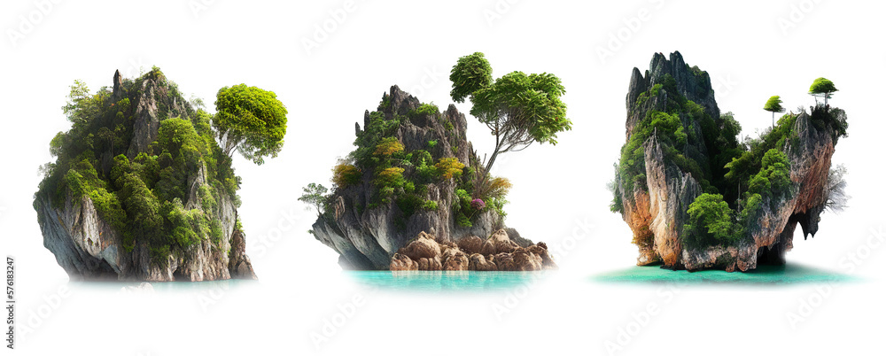 Set of beautiful island mountain with trees Travel summer holiday vacation idea concept, isolated on white background, image ai generate - obrazy, fototapety, plakaty 