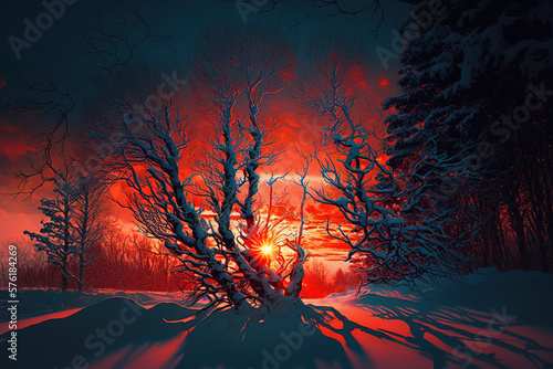 sunset in ice covered valley. Generative Ai