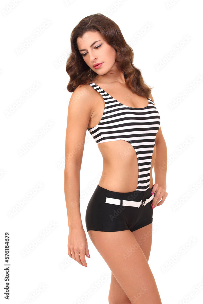 slender woman in swimsuit on white background slender woman in swimsuit on white background