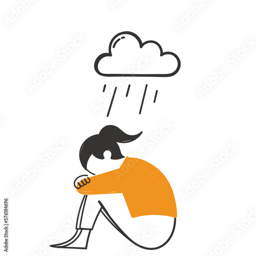hand drawn doodle depression or stress woman with rain cloud illustration