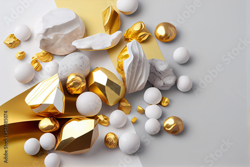 A collection of gold and marble balls on a marble surface.. Generative ai