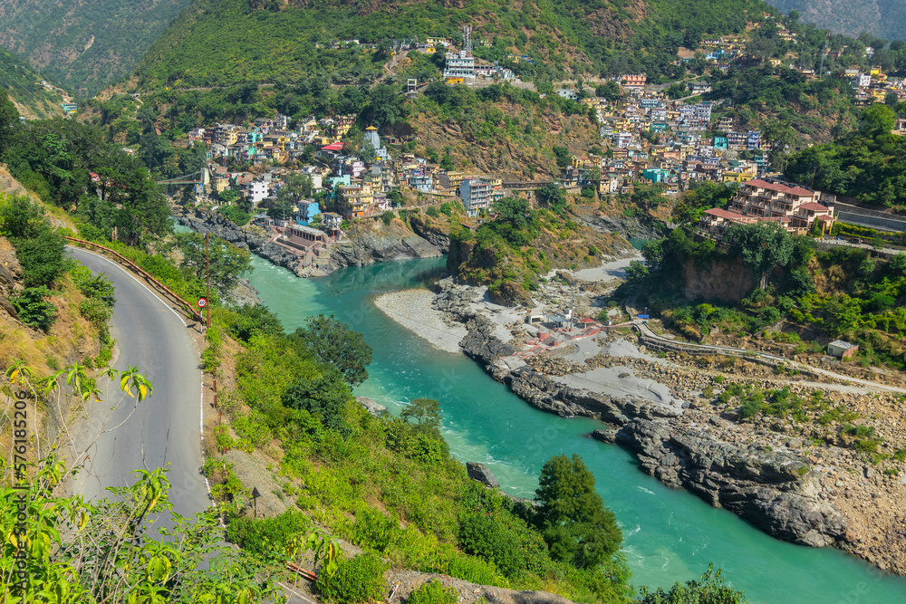 Curvy road at Devprayag, Godly Confluence,Garhwal,Uttarakhand, India. Here Alaknanda meets the Bhagirathi river and both rivers thereafter flow on as the Holy Ganges river or Ganga.
