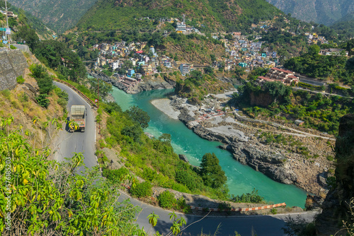 Curvy road at Devprayag, Godly Confluence,Garhwal,Uttarakhand, India. Here Alaknanda meets the Bhagirathi river and both rivers thereafter flow on as the Holy Ganges river or Ganga. photo
