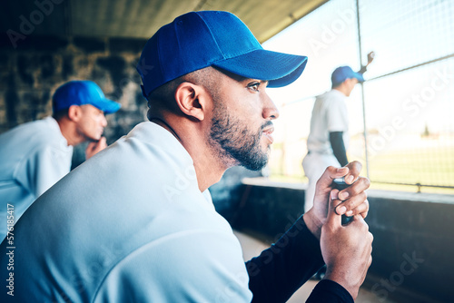 Photography Baseball player profile, stadium dugout and sport training of a athlete looking at game