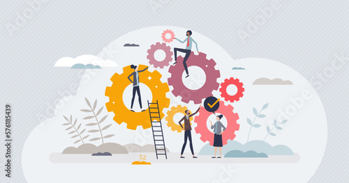 Workforce development and teamwork collaboration process tiny person concept. Team interaction for successful and effective work vector illustration. Performance optimization and improvement strategy
